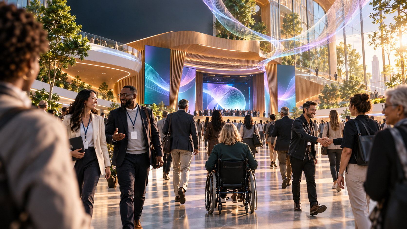 FORWARD conference concept showing delegates gathering in a bright futuristic venue