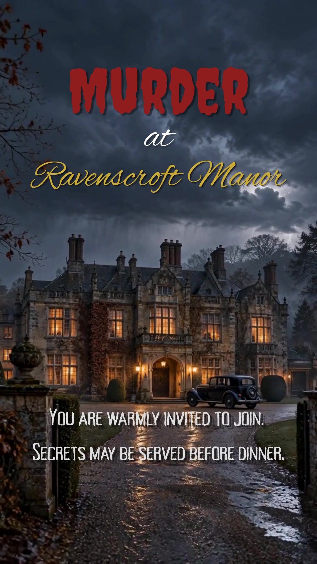 Murder at Ravenscroft Manor illustrated cover: a manor house under a stormy sky